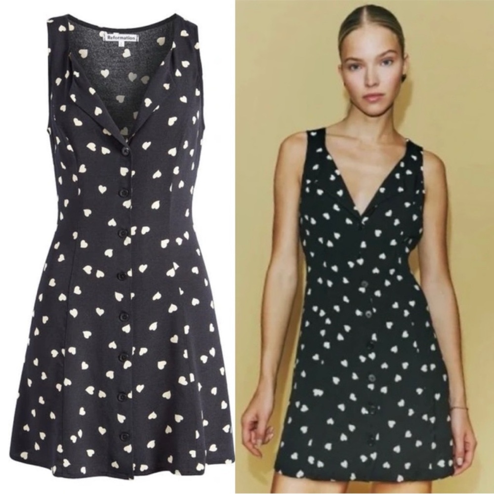 NWT Reformation Dress Rilynn Mini Collar in Heart Print Black White
